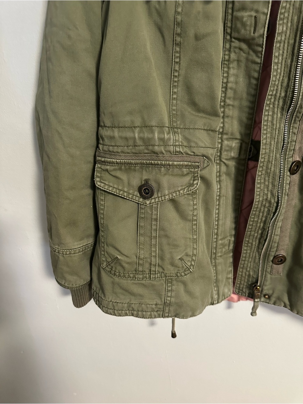 Tommy Hilfiger Olive Green Hooded Utility Jacket Pink Quilted Lining Size Medium - Picture 6 of 9